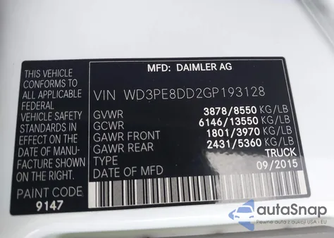 2016 Mercedes-Benz Sprinter 2500 High Roof из США, поврежденный, VIN WD3PE8DD2GP193128